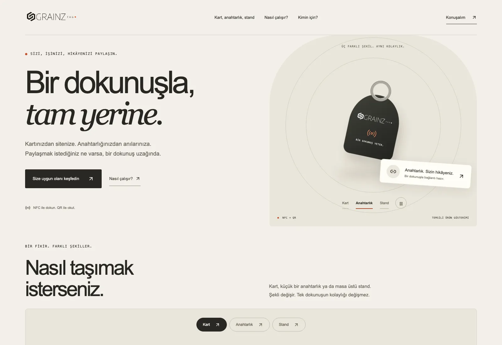 Grainz Tag — Akıllı NFC & Bağlantı Platformu detaylı web sayfası ve mobil görünümü