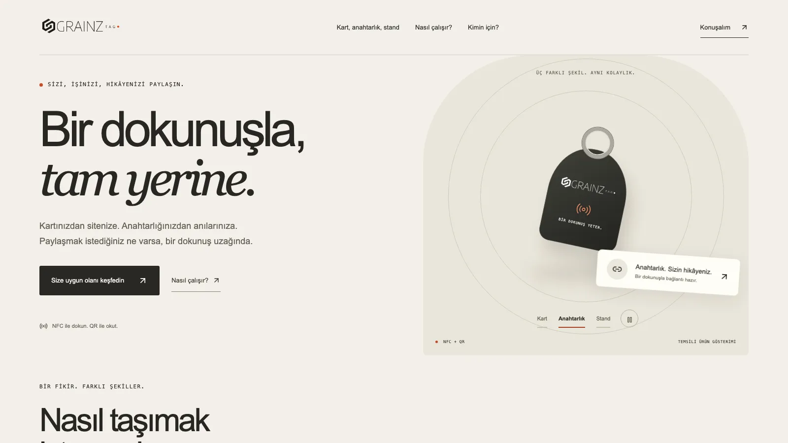 Grainz Tag — Akıllı NFC & Bağlantı Platformu ana sayfa tam ekran arayüz tasarımı