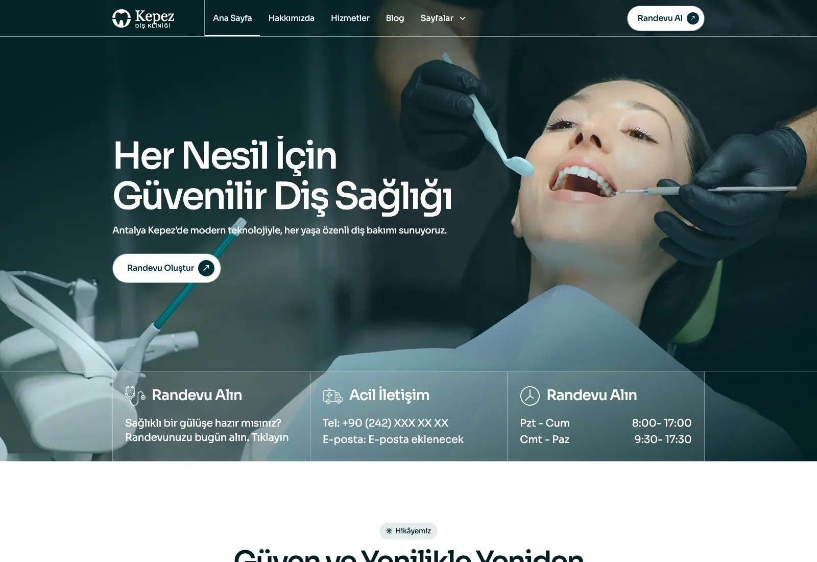 Kepez Dentist — Modern Diş Kliniği detaylı web sayfası ve mobil görünümü
