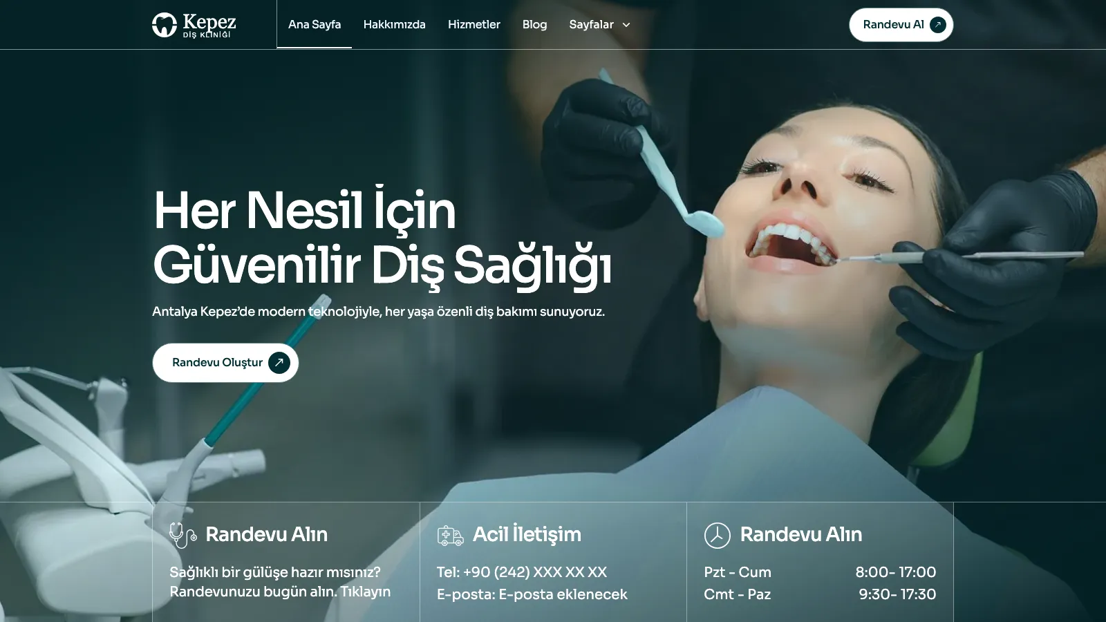 Kepez Dentist — Modern Diş Kliniği ana sayfa tam ekran arayüz tasarımı
