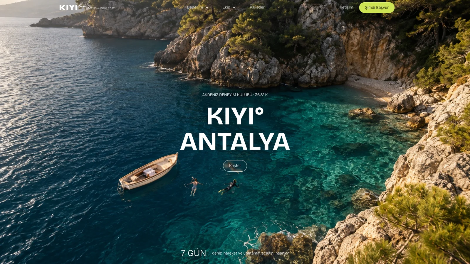 KIYI° Antalya — Akdeniz Deneyim Kulübü ana sayfa tam ekran arayüz tasarımı
