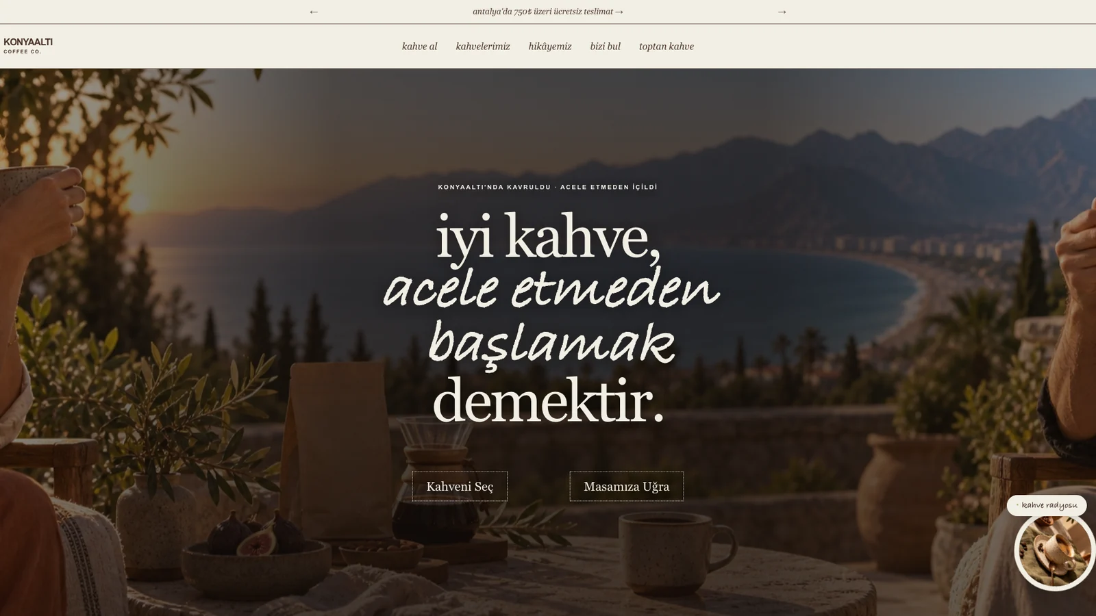 Konyaaltı Coffee Co. — Nitelikli Kahve & Kafe ana sayfa tam ekran arayüz tasarımı