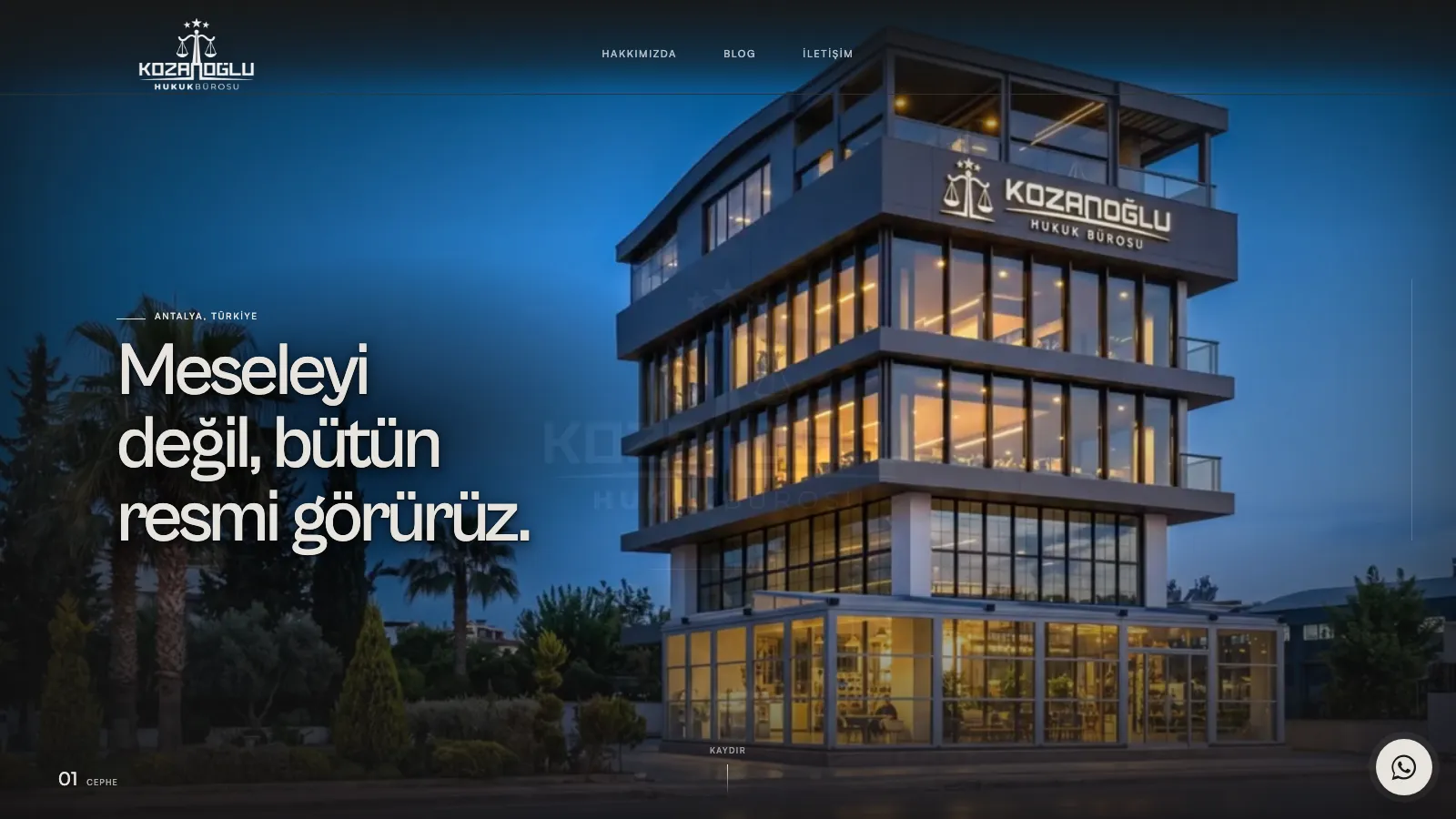 Kozanoğlu Hukuk Bürosu ana sayfa tam ekran arayüz tasarımı