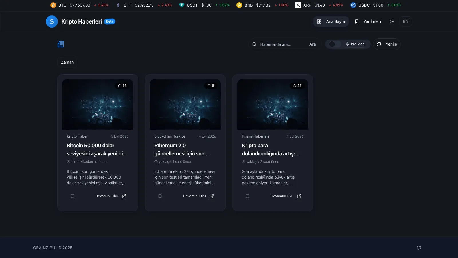 Kripto Haberleri — FinTech Haber Portalı ana sayfa tam ekran arayüz tasarımı