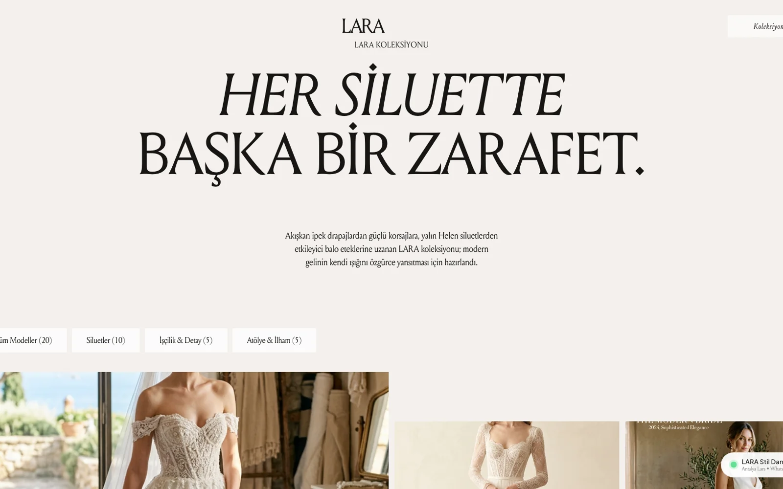 LARA Gelinlik — Özel Tasarım & Prova Evi detaylı web sayfası ve mobil görünümü