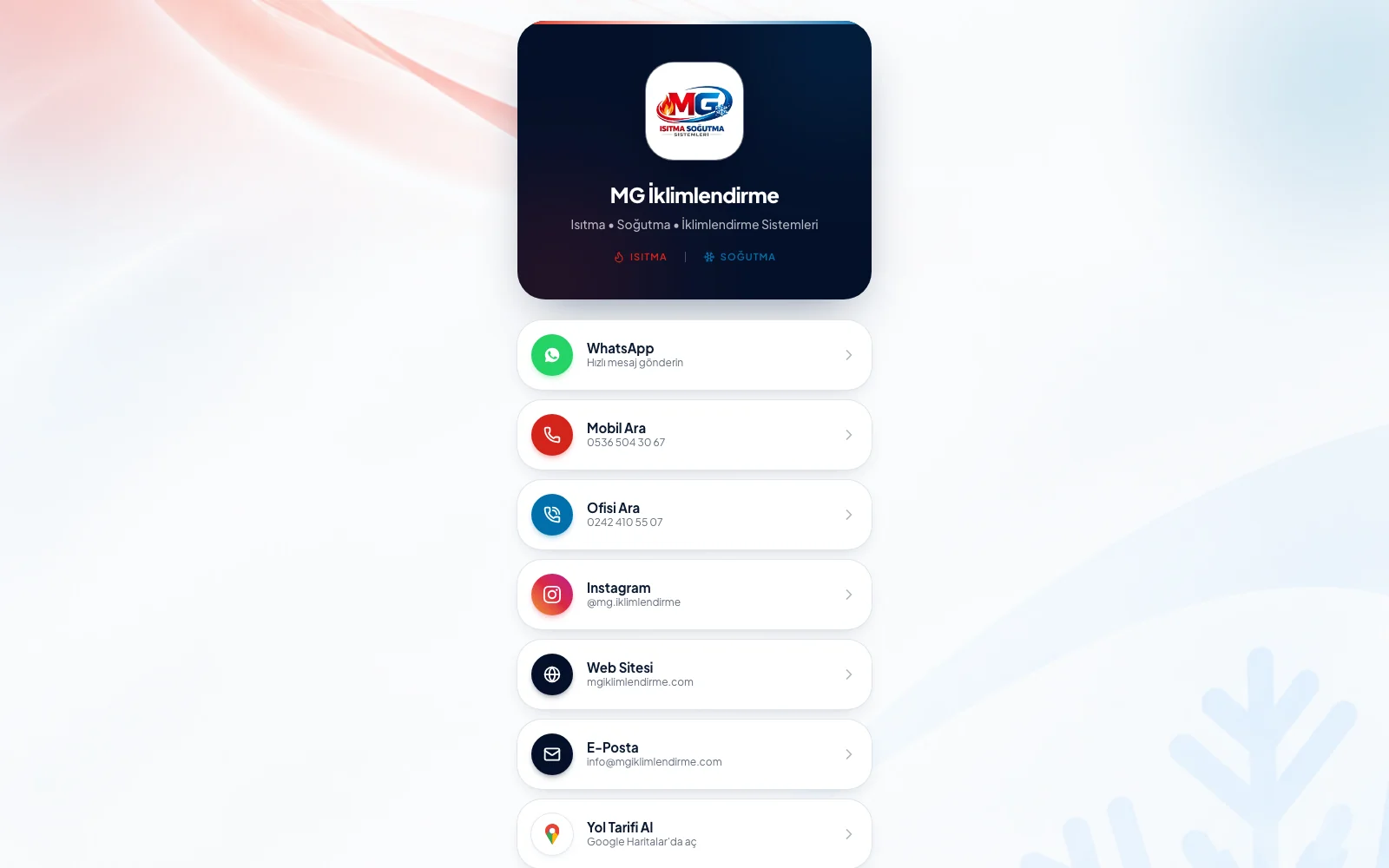 MG İklimlendirme — Web Platformu & Dijital Kartvizit detaylı web sayfası ve mobil görünümü