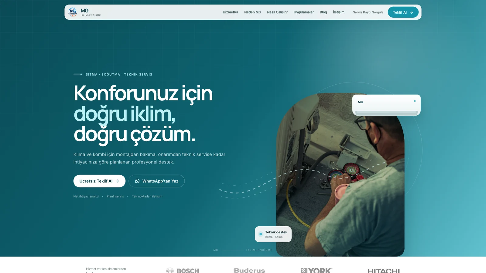 MG İklimlendirme — Web Platformu & Dijital Kartvizit ana sayfa tam ekran arayüz tasarımı