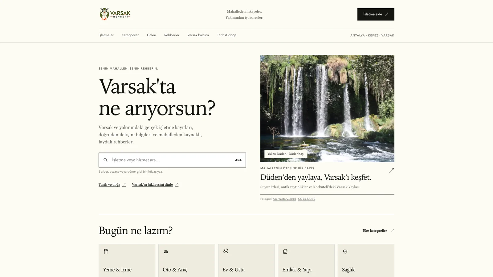 Varsak Rehberi — Yerel İşletme & Şehir Portalı ana sayfa tam ekran arayüz tasarımı